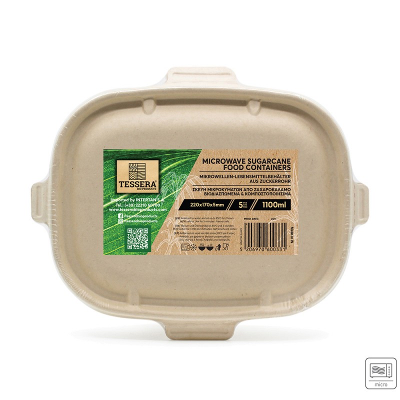 Σκεύος Φαγητού Ζαχαροκάλαμου 1100ml Μ22xΠ17xΥ5cm Κατάλληλο Για Μικροκύματα Tessera 50Τμχ