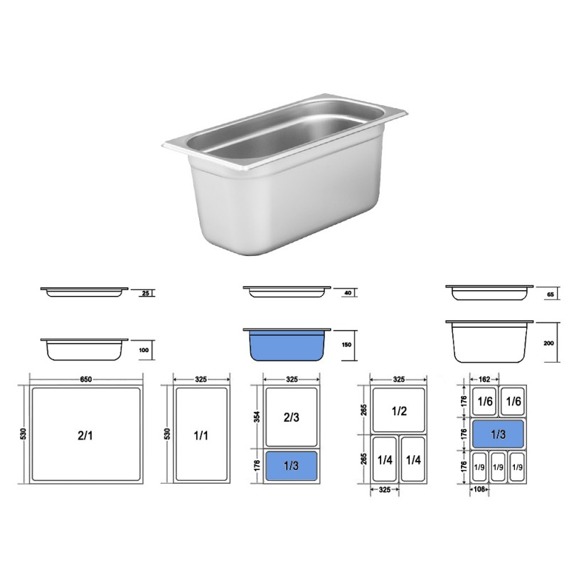 Σκεύος Gastronorm 1/3 Ανοξείδωτο Μ32.5xΠ17.3xΒ15cm GTSA